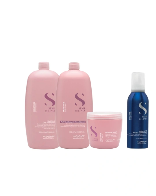 Alfaparf Semi Di Lino Nutritive Sampon 1000ml + Alfaparf Semi Di Lino Nutritive Leave-in Conditioner 1000ml + Alfaparf Semi Di Lino Nutritive Mask 500ml+ Ajándék Alfaparf Semi di Lino Volume Mousse Conditioner 200ml főképe